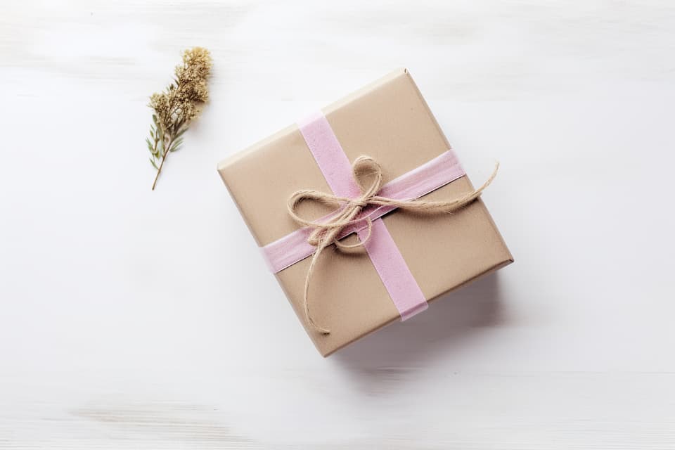 Gift box wrapped in brown paper with a pink ribbon and a twine bow on a white table